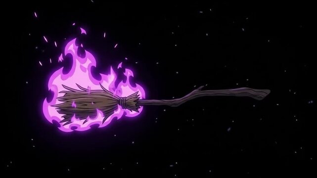 Magical 4K Witch Broomstick Flying with Vibrant Purple Magic Flames Through a Dark Enchanted Starry Night Sky Background