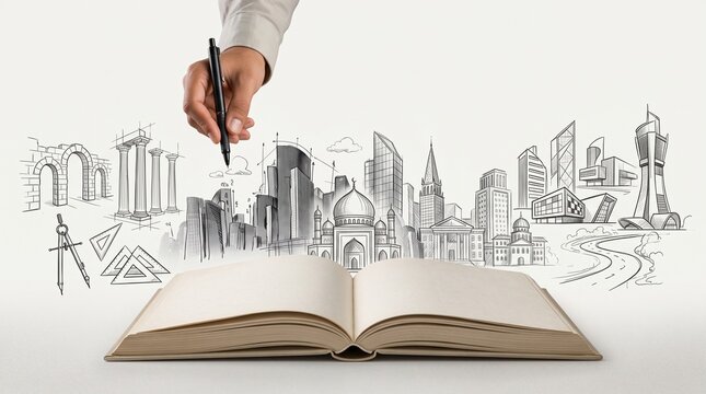 Architectural design and urban planning concept. Hand drawing modern skyscrapers and historical monuments above an open book on a desk. Creative project development and structural engineering