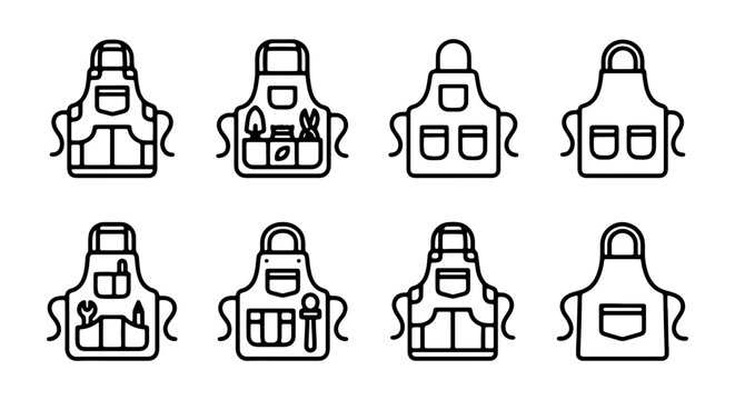 Minimalist apron vector icons set, outline work aprons with pockets for kitchen and garden