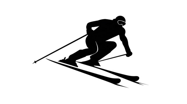 Isolated black silhouette of a downhill skier with poles and skis in dynamic action pose.