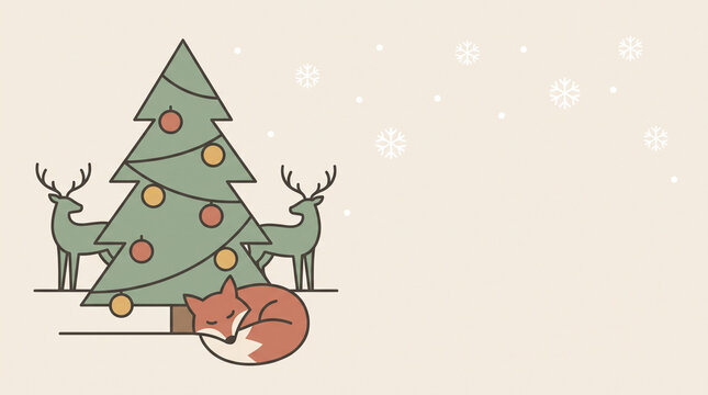 Sleeping Fox Under Decorated Christmas Tree in Snowy Winter Woodland Illustration