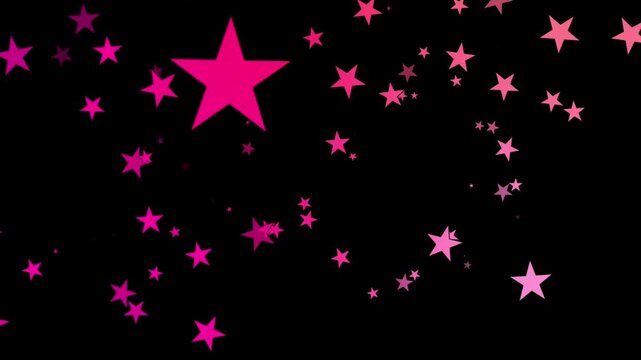 Abstract flying pink flat stars on black background seamless loop overlay