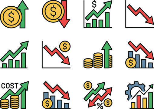 money increase or decrease icon set, dollar profit loss arrows, rising costs, financial growth decline and business finance symbols