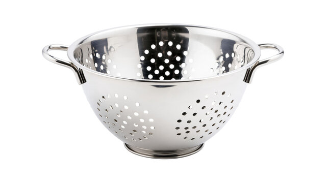 Isolated shiny stainless steel colander with small handles, a modern kitchen straining utensil.