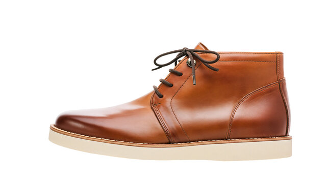 Isolated elegant brown leather desert boot for men with dark laces and a beige sole