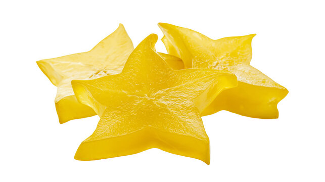Isolated yellow fresh ripe juicy star fruit slices ready to eat, healthy tropical snack food