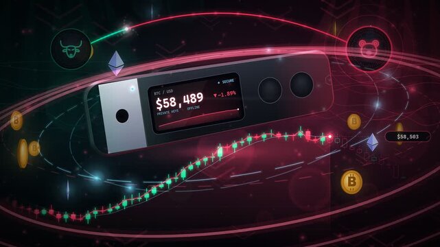 Cryptocurrency hardware wallet with bullish and bearish market charts animation