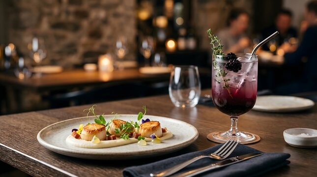 Gourmet Seared Scallops Plated Dish with Purple Cocktail in Upscale Restaurant.