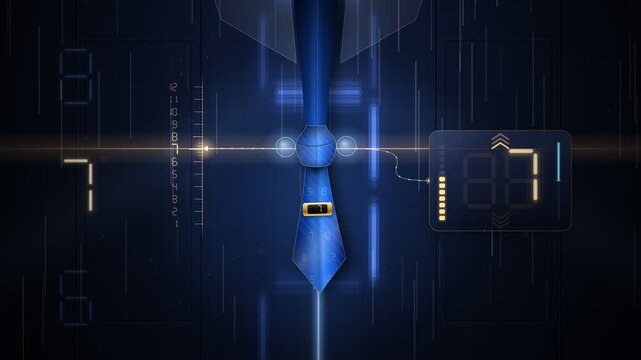 Futuristic elevator control interface with digital floor numbers ascending and descending past a blue tie