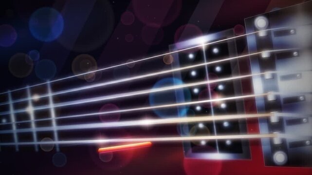 Close up macro view of electric guitar strings vibrating with bokeh lights.