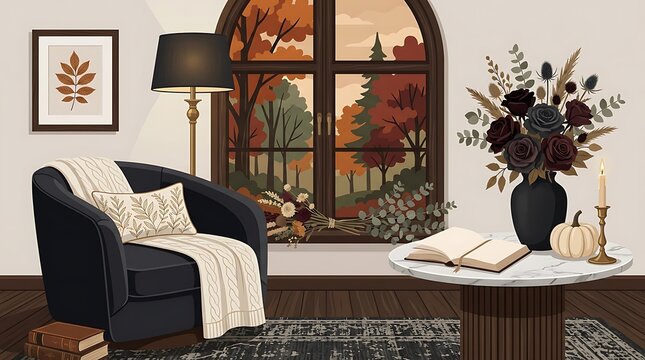 Cozy autumn living room interior with forest view through a window
