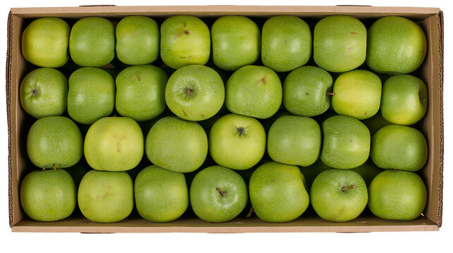 Isolated top view of crisp green apples neatly packed in a natural cardboard shipping box