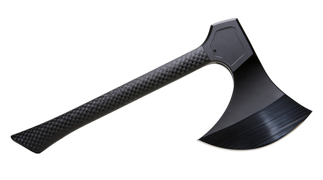 Isolated contemporary tactical axe with durable carbon fiber handle and sleek dark blade
