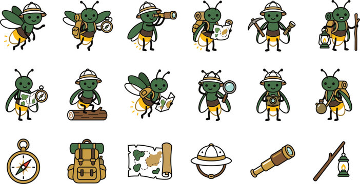 Cute cartoon firefly explorer character set with camping and hiking gear vector illustrations isolated on white
