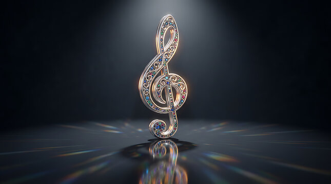 Silver treble clef encrusted with colorful gems under spotlight 