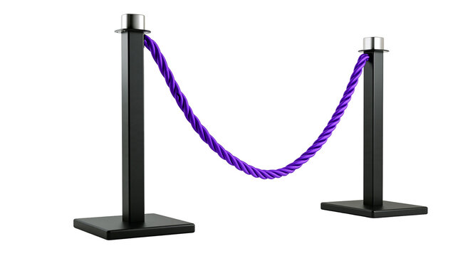 Isolated elegant stanchion barriers with purple velvet rope for event and crowd control.
