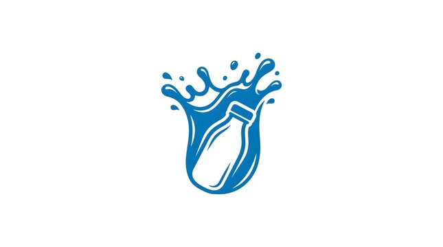 Vector illustration of a milk bottle icon with dynamic blue liquid splash, suitable for dairy product brand logo