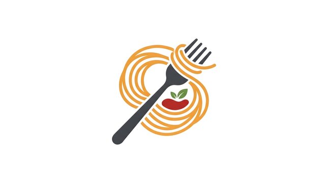 Vector logo illustration of spaghetti pasta twirled around a fork with a red tomato sauce and green basil leaf, isolated on a white background