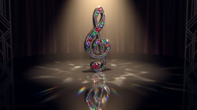 Elegant silver treble clef with colorful jewels and light reflection 