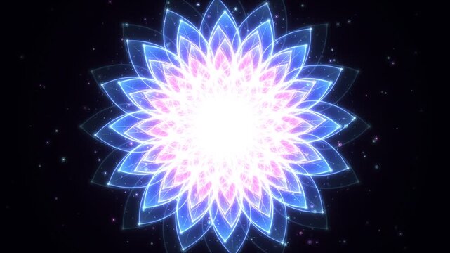 Glowing lotus mandala flower with sacred geometry and particle background