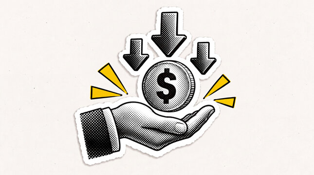 Pop Art Halftone Hand Receiving Payment with Money Symbol and Downward Arrows, Income and Revenue Collection Icon Concept in Torn Paper Collage Style