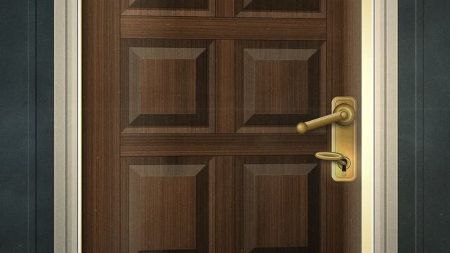 Classic wooden door unlocking and opening to reveal bright light