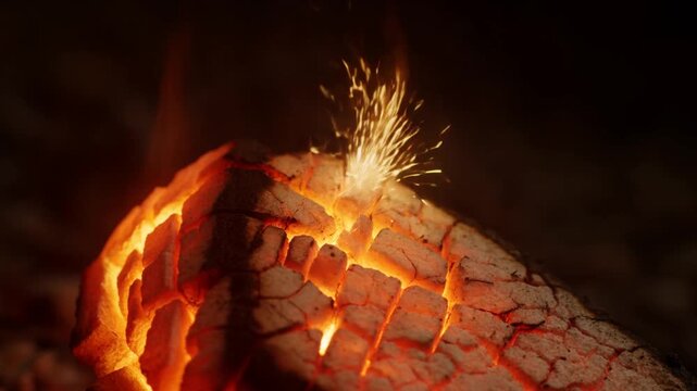 Slow motion tracking handheld closeup of ember and sparks spitting from burning charcoal log on campfire hearth in dark night