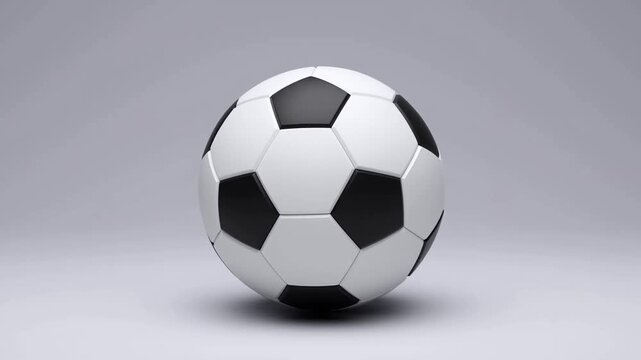 Slow motion tracking shot of soccer ball rotating and bouncing on studio floor with grey backdrop and soft lighting