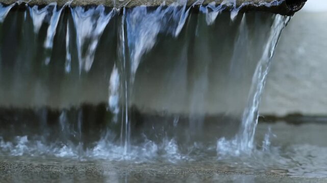 Slow motion close up of water pouring and splashing over concrete edge into shallow basin fountain daytime