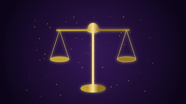 Golden scale icon moving against dark violet background with floating particles for legal and justice themes.