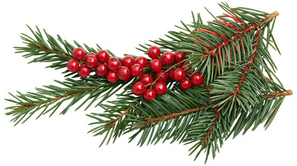 Isolated evergreen sprig with vibrant red berries, a classic symbol of winter holidays and Christmas decor © Conor