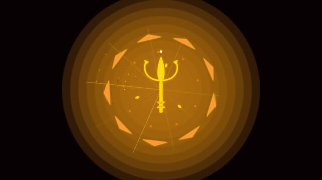 Mystical golden trident symbol animation during festive Durga Puja motion graphics with subtle glowing particles for celebratory events