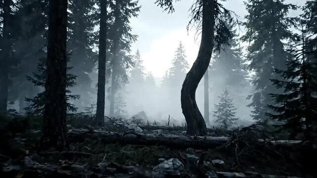 Dark foggy pine forest with curved tree trunks and fallen logs