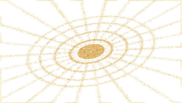 Golden Abstract Geometric Grid with Concentric Circles and Perspective Lines on White Background