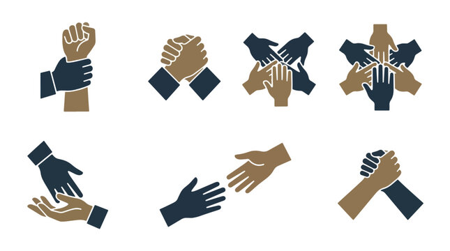 Illustrated diverse hands forming gestures of unity and mutual support.