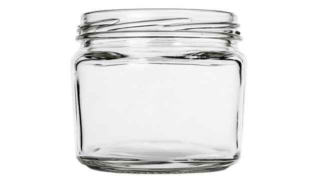 Isolated empty transparent clear glass jar ideal for food, jam, cosmetic products, or home storage
