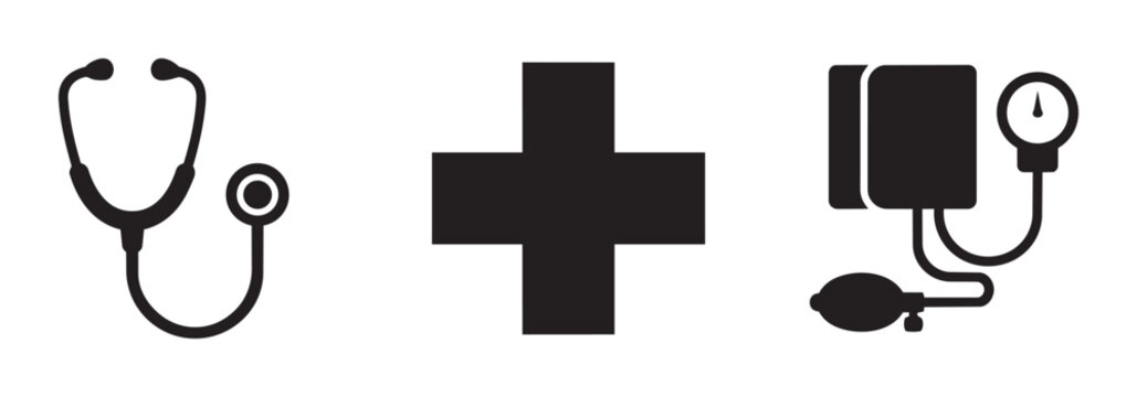 Medical icons set with stethoscope, cross and blood pressure monitor for healthcare