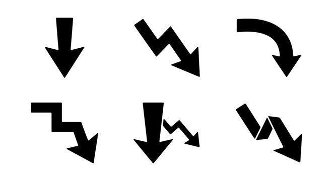 Black downward arrows vector set, directional pointers and decrease indicators for web design