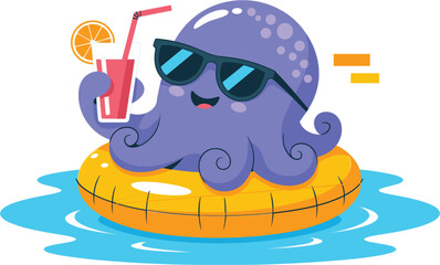 Cute cartoon octopus wearing sunglasses on floaty, summer cocktail party vector illustration © Sujan