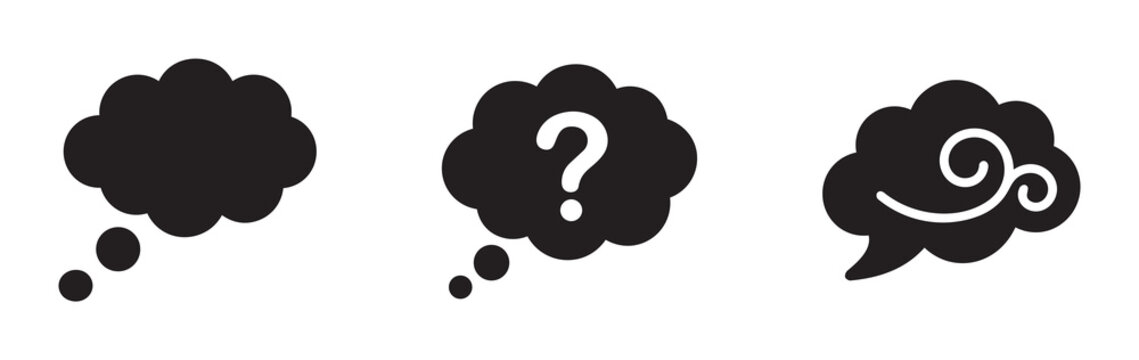 Thought bubble icons set with question mark and swirl, communication symbols for logos