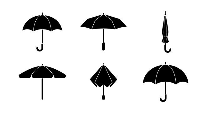 Black umbrella icons vector set, open and closed parasol symbols for graphic design