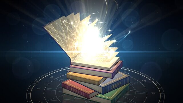 Stack of antique magic spell books opening with glowing sparkles and magical lights loop