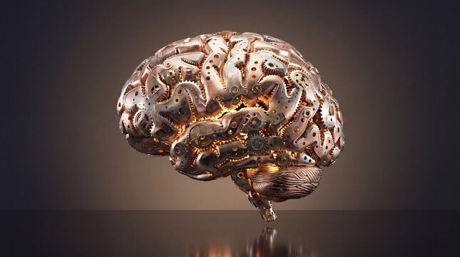 Steampunk mechanical brain with copper gears and cogs, glowing metallic brain sculpture, artificial intelligence and neuroscience concept