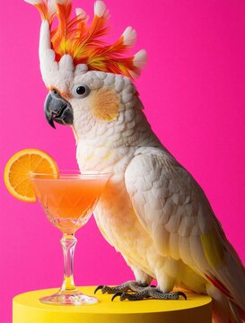 Colorful cockatoo with bright orange mohawk sits near orange cocktail glass. Exotic tropical bird with vibrant feathers perched on yellow podium. Summer party vibe with citrus drink, bright pink
