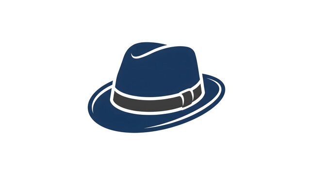A minimalist vector illustration of a classic blue fedora hat with a black band, isolated on a white background