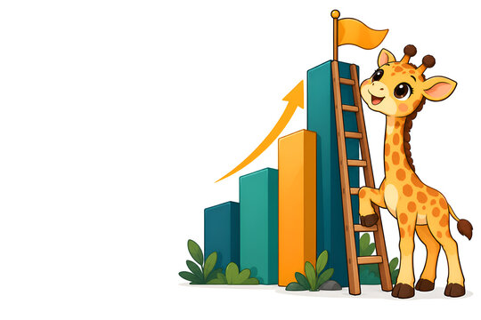 Cute baby giraffe career growth mascot beside a ladder and rising bar chart reaching for a goal flag, success and ambition concept, 2D vector illustration on white background