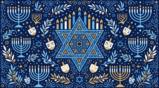Hanukkah vektor background with menorah dreidels and david star