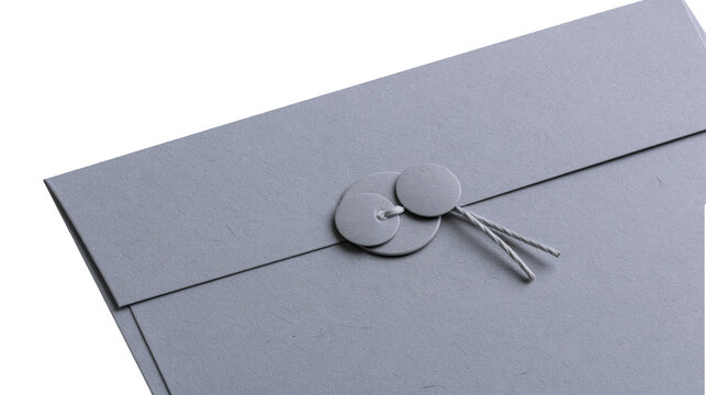 Isolated chic grey handmade paper envelope with string tie and decorative round fastener.