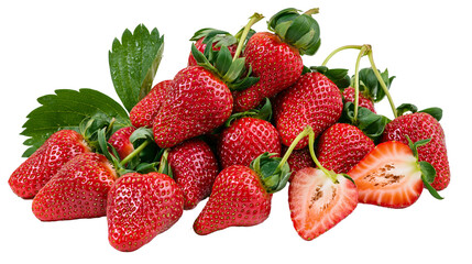 Isolated pile of fresh ripe red strawberries with green leaves and a cut fruit, healthy sweet snack © Niamh