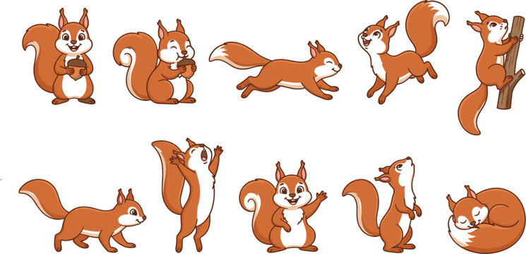 Cute squirrel cartoon characters set, funny wild animals posing vector illustration